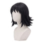 3/4 view of Makomo cosplay wig displaying smooth black anime hair, shoulder-length layers, outward-pointing ends, and character-accurate Kimetsu no Yaiba styling