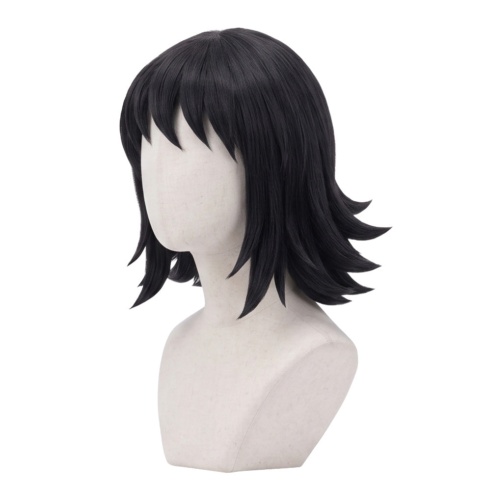 3/4 view of Makomo cosplay wig displaying smooth black anime hair, shoulder-length layers, outward-pointing ends, and character-accurate Kimetsu no Yaiba styling