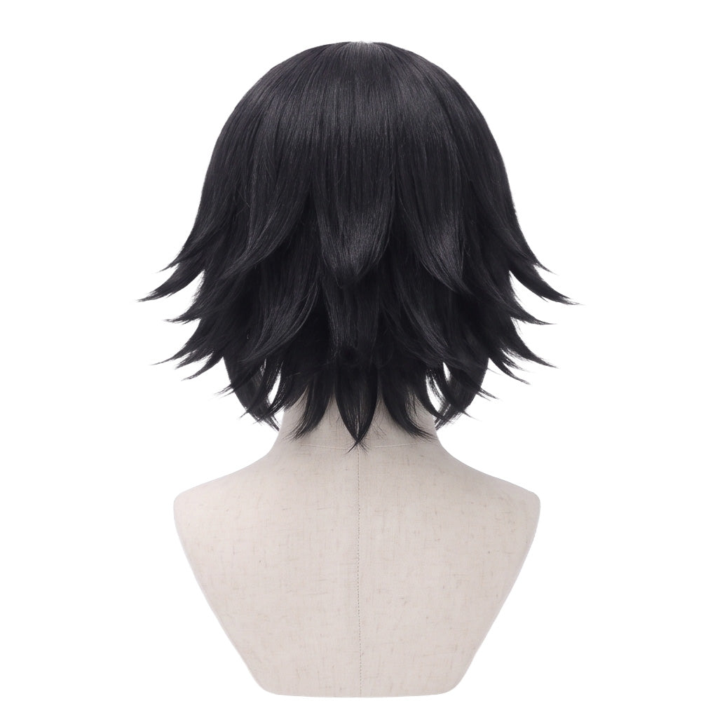 Back view of Makomo black shoulder-length cosplay wig