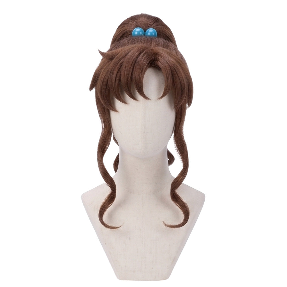 Makoto Kino cosplay wig from Sailor Moon featuring a handcrafted long brown hairstyle with smooth layered bangs and Sailor Jupiter character styling