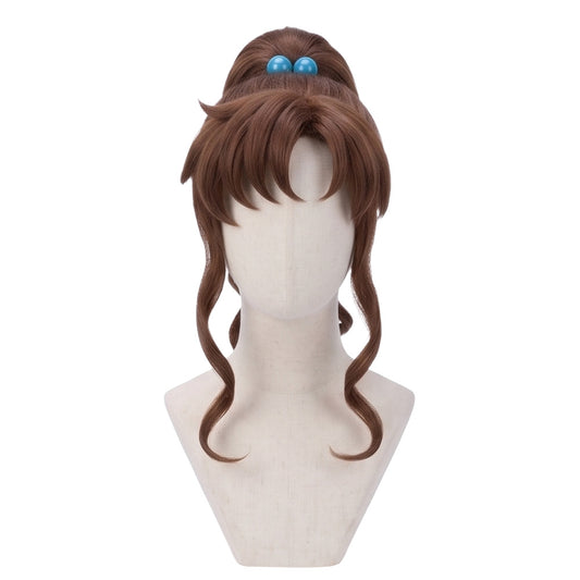 Makoto Kino cosplay wig from Sailor Moon featuring a handcrafted long brown hairstyle with smooth layered bangs and Sailor Jupiter character styling