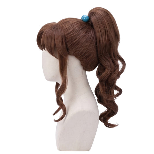 Side view of Makoto Kino Sailor Jupiter wig showing long brown layered hair, natural volume, and professionally styled anime cosplay wig details