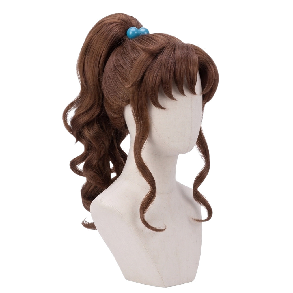 3/4 view of Makoto Kino cosplay wig displaying flowing brown layers, elegant anime hairstyle shape, and handcrafted Sailor Moon cosplay design