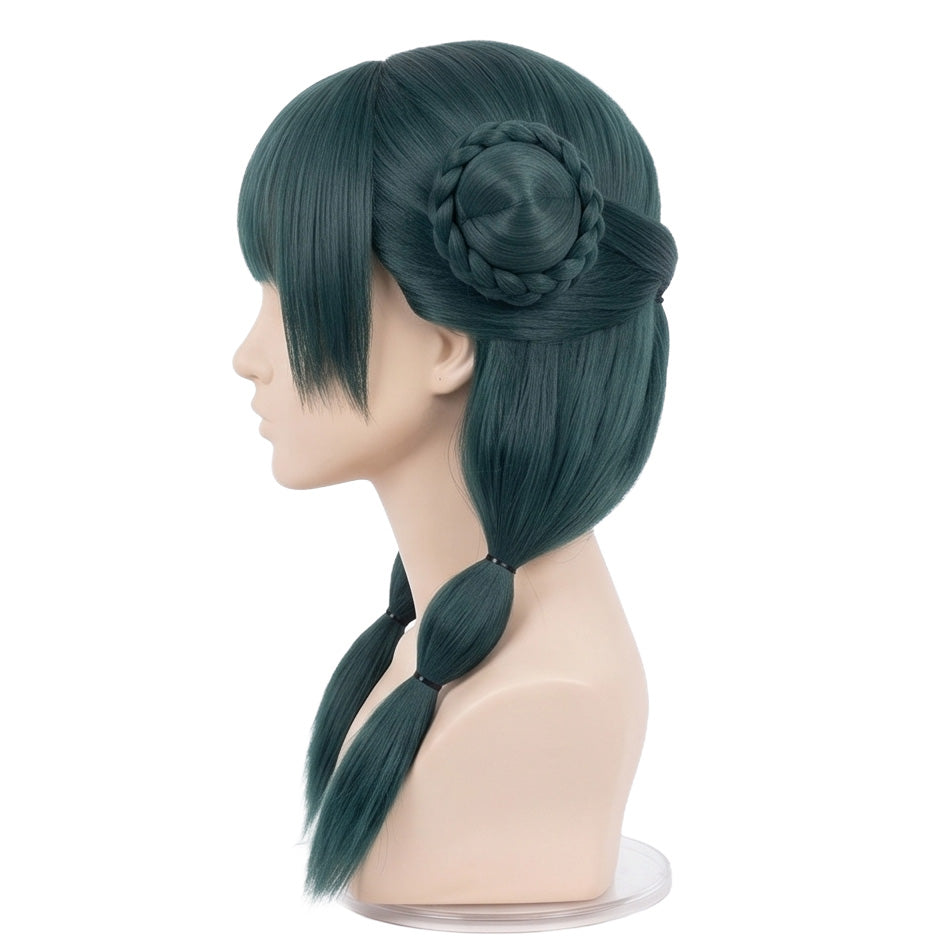 Side view of unstyled Maomao wig with dark forest-green fibers