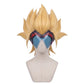 Front view of Masquerade cosplay wig with upward styled blond hair
