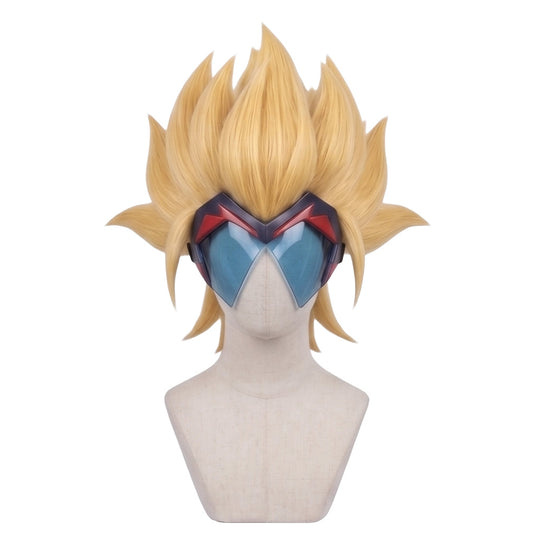 Front view of Masquerade cosplay wig with upward styled blond hair