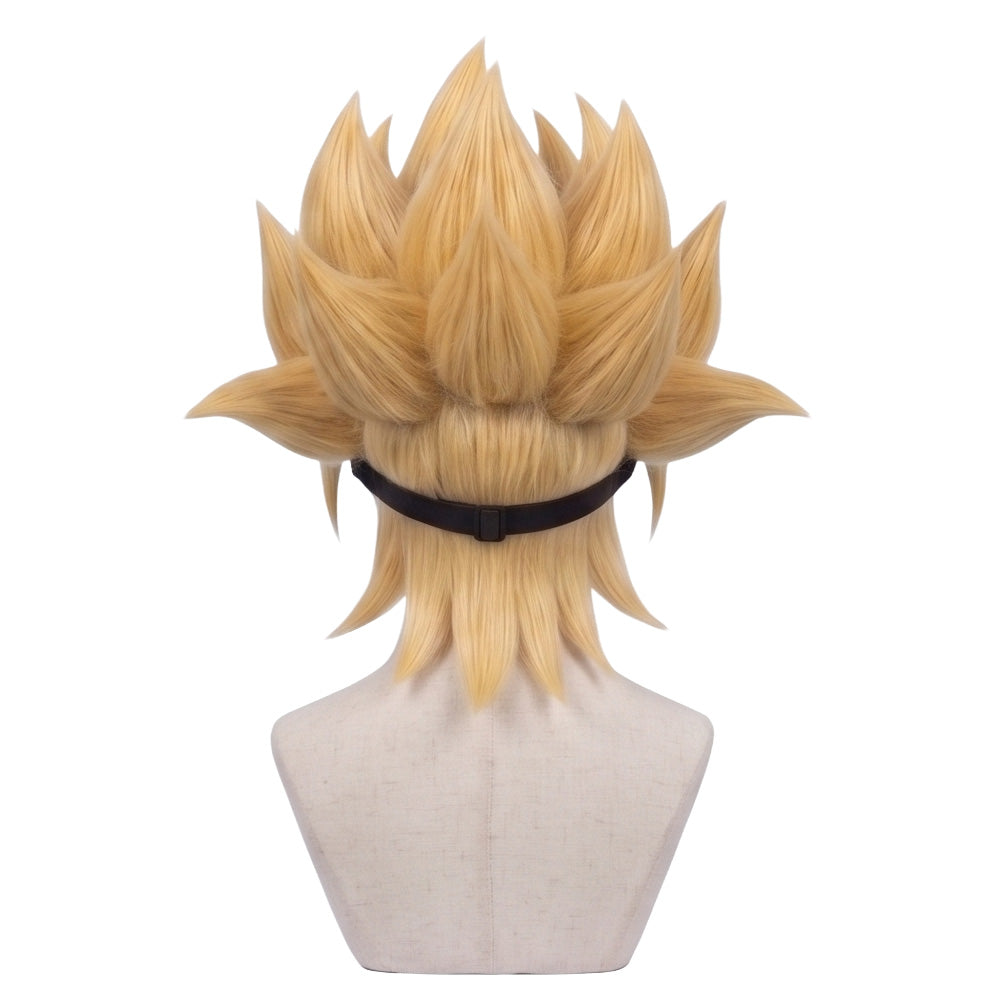 Back view of Masquerade cosplay wig with structured blond styling