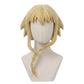 Medusa Gorgon cosplay wig from Soul Eater featuring golden-blonde layered hair, short pointed bangs, long face-framing strands, and a signature front braid