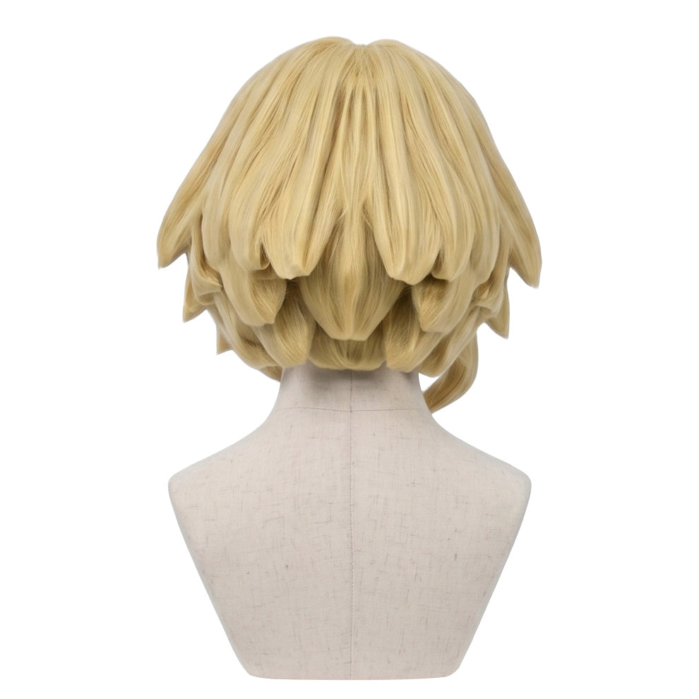 Back view of Medusa Gorgon cosplay wig showing the golden-blonde layered hairstyle, tapered ends, smooth synthetic fibers, and professionally styled anime silhouette