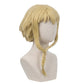 3/4 view of Medusa Gorgon cosplay wig displaying layered blonde hair, pointed bangs, face-framing strands, and the distinctive braided front section