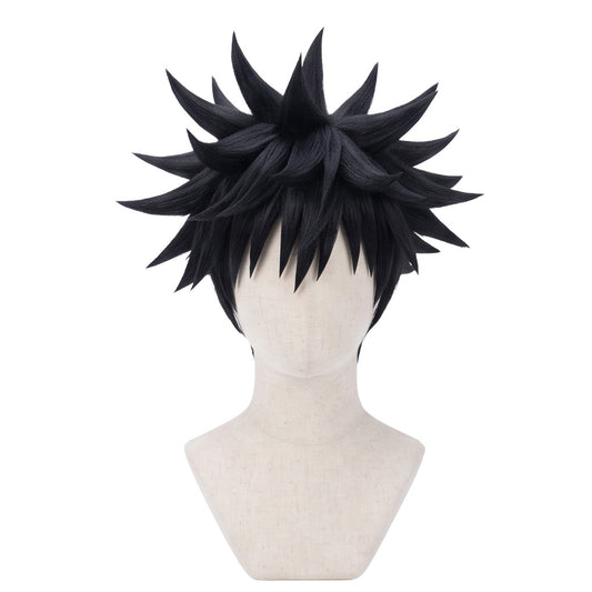 Megumi Fushiguro cosplay wig from Jujutsu Kaisen featuring a handcrafted black spiky anime hairstyle with sharp upward layers and character-accurate styling