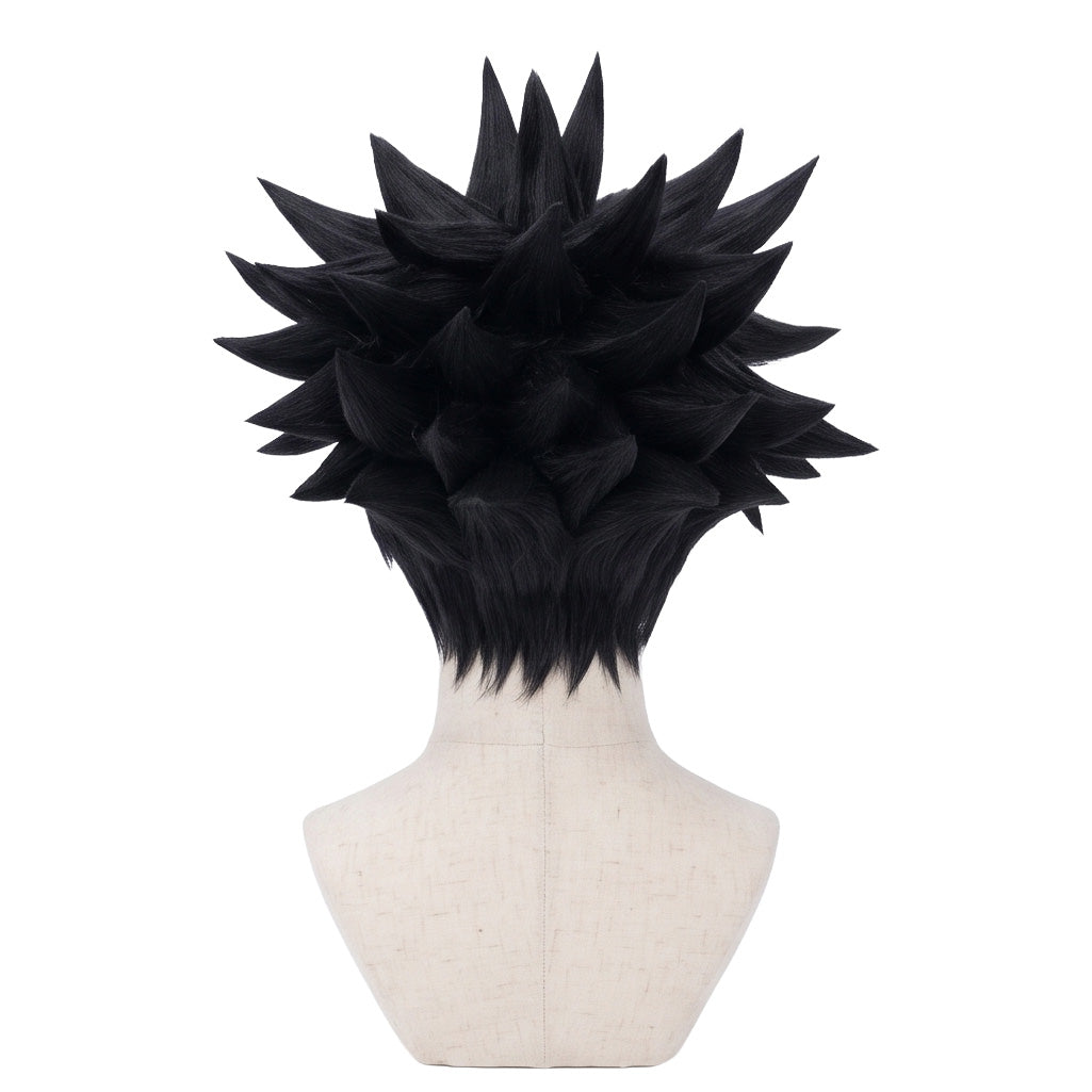 Back view of Megumi Fushiguro cosplay wig featuring layered black spiky hair, structured anime texture, and the signature Jujutsu Kaisen character hairstyle silhouette