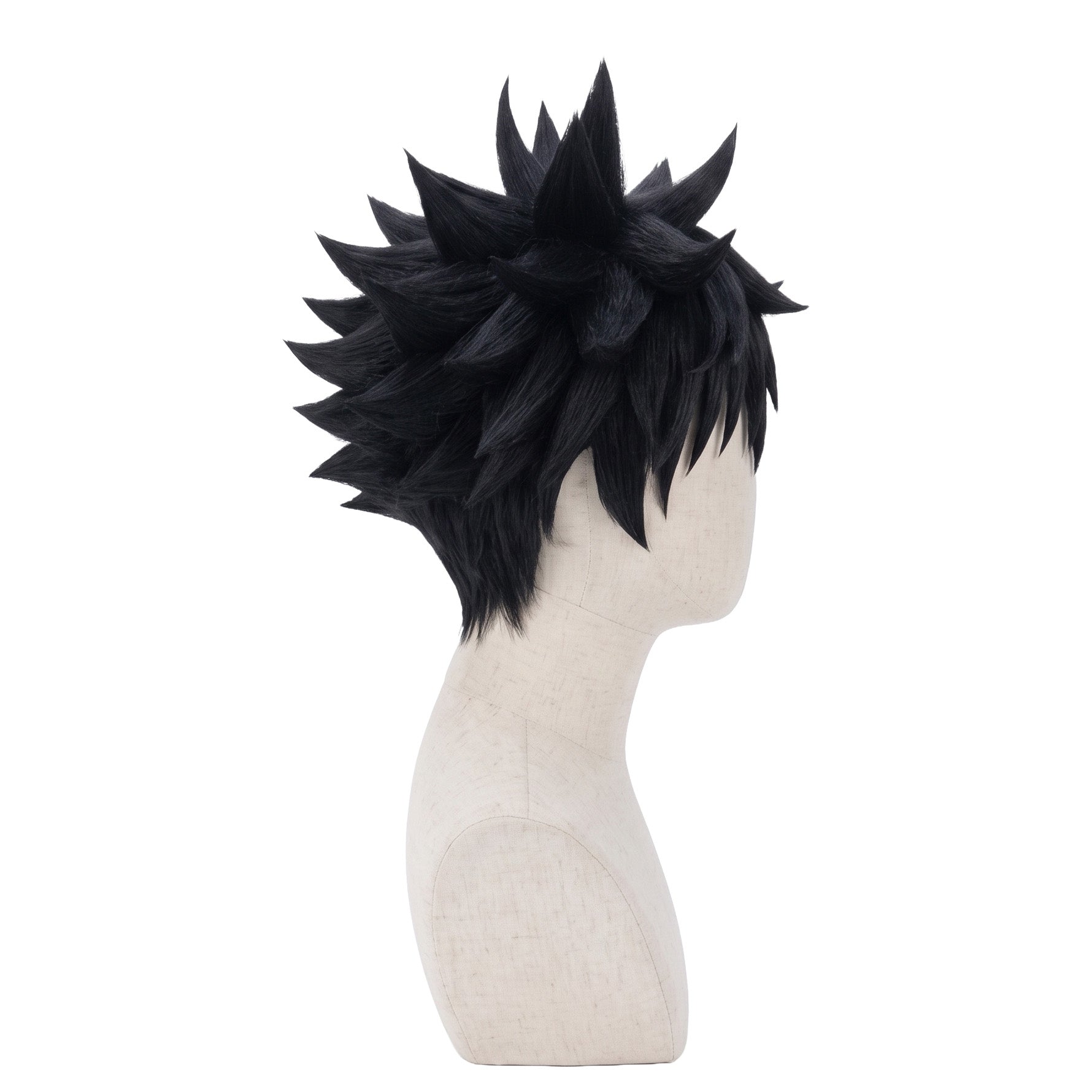 Right side view of Megumi Fushiguro cosplay wig displaying sharp black hair spikes, natural layered texture, and handcrafted character hairstyle design