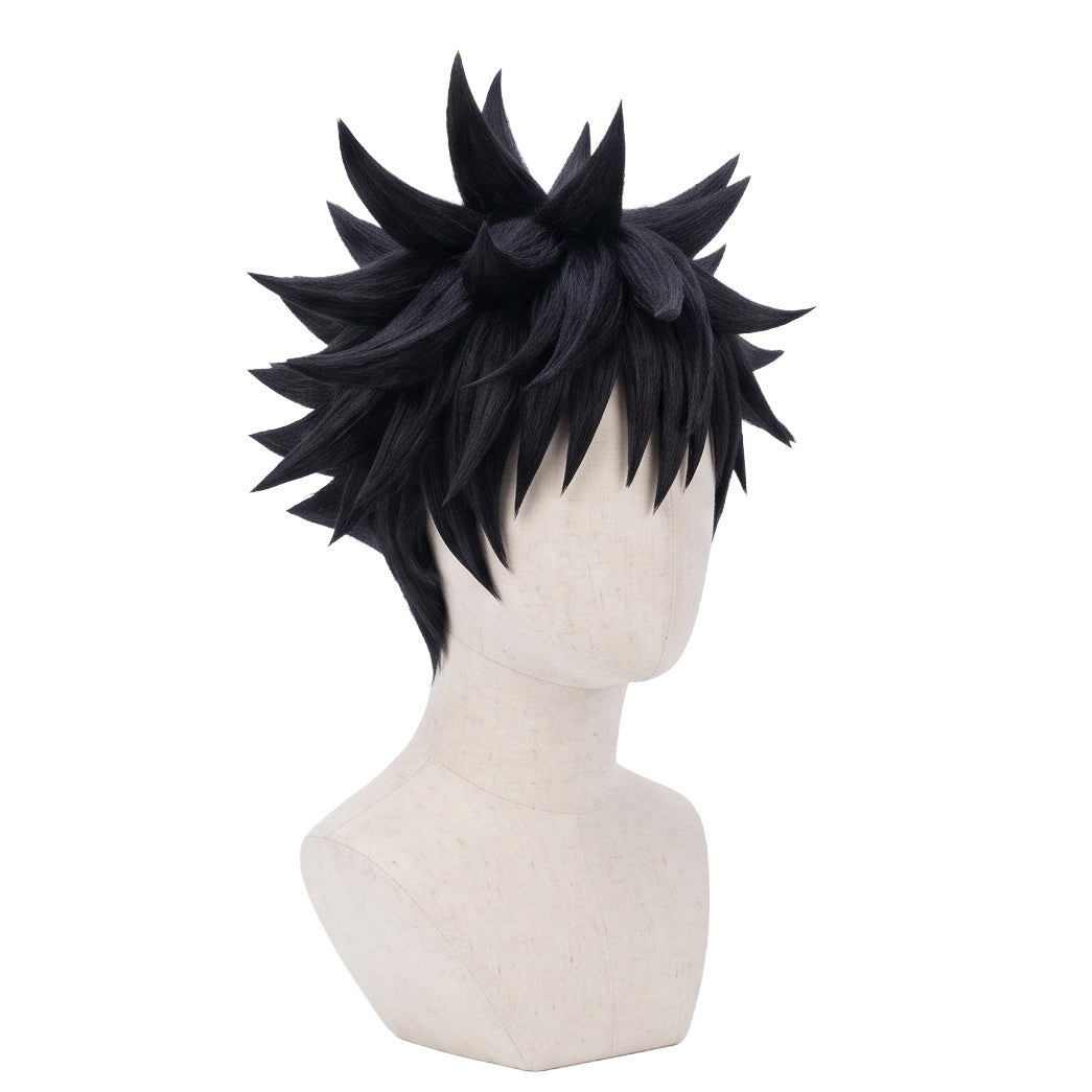 3/4 view of Megumi Fushiguro wig from Jujutsu Kaisen featuring dynamic black spikes, detailed layered styling, and an anime-inspired cosplay appearance