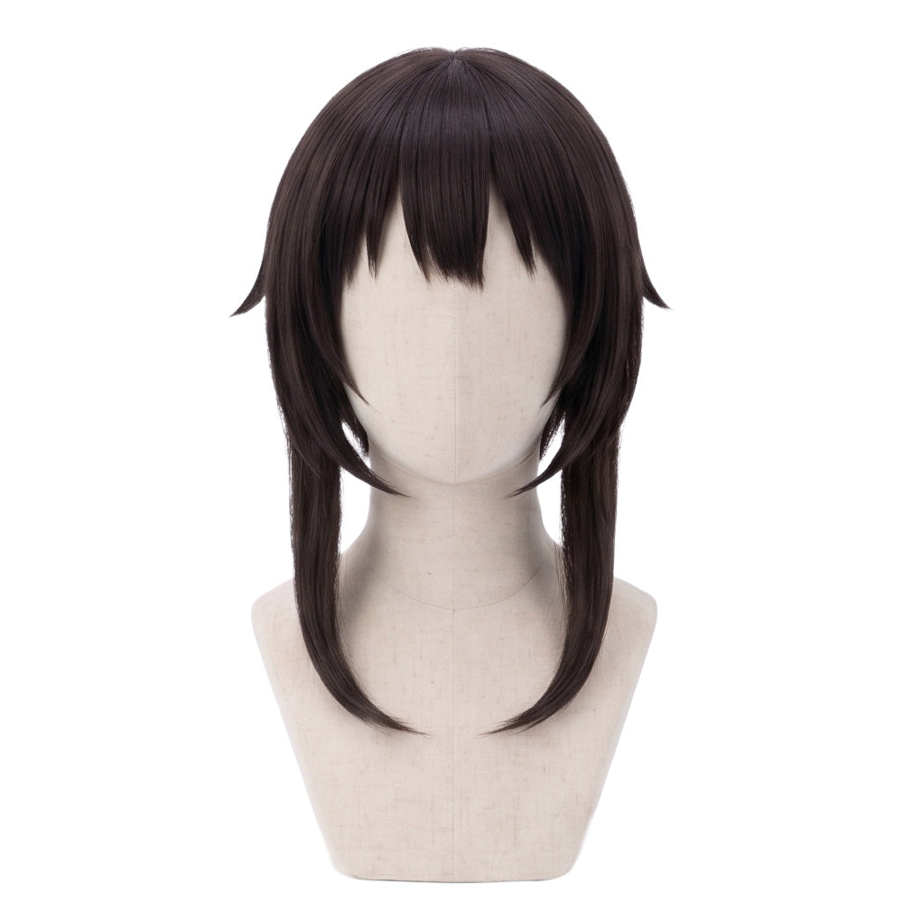 Megumin cosplay wig ready-to-style with medium-length brown hair and bangs