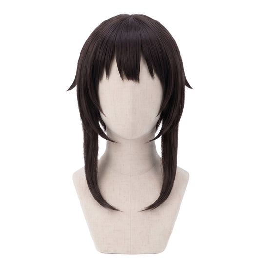 Megumin cosplay wig ready-to-style with medium-length brown hair and bangs