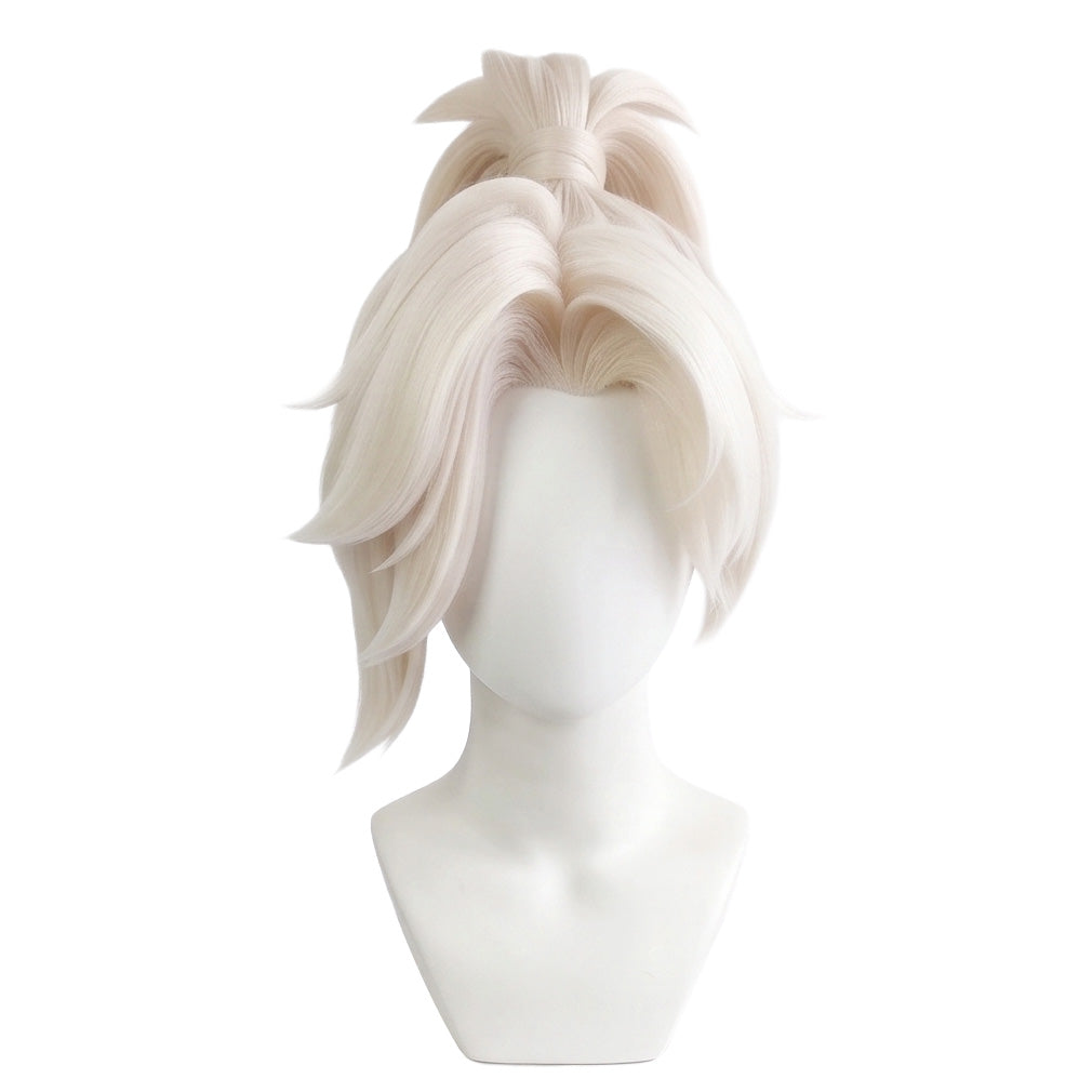 Mercy cosplay wig from Overwatch featuring a handcrafted platinum blonde high ponytail hairstyle with swept bangs, layered front sections, and Angela Ziegler character styling
