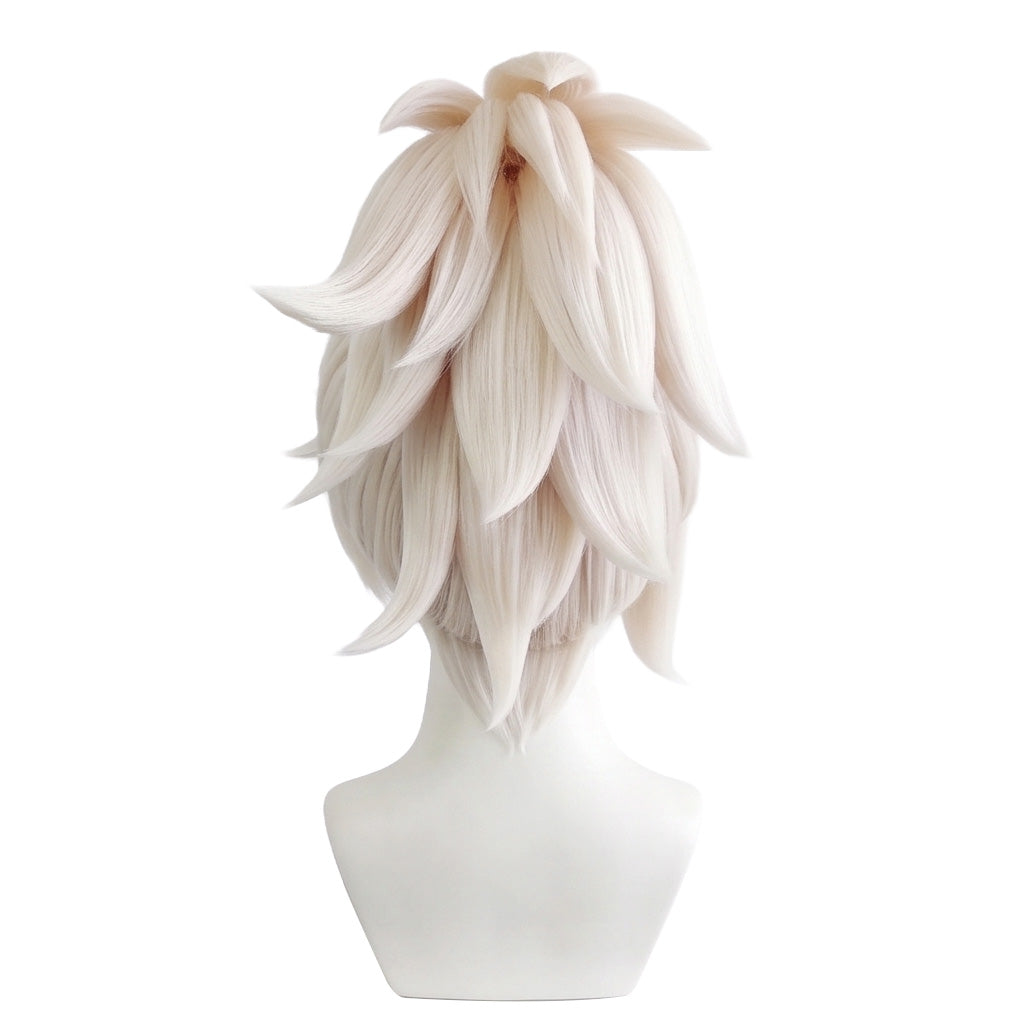 Back view of Mercy wig from Overwatch featuring a structured blonde high ponytail, smooth synthetic fibers, and the signature Angela Ziegler hairstyle silhouette