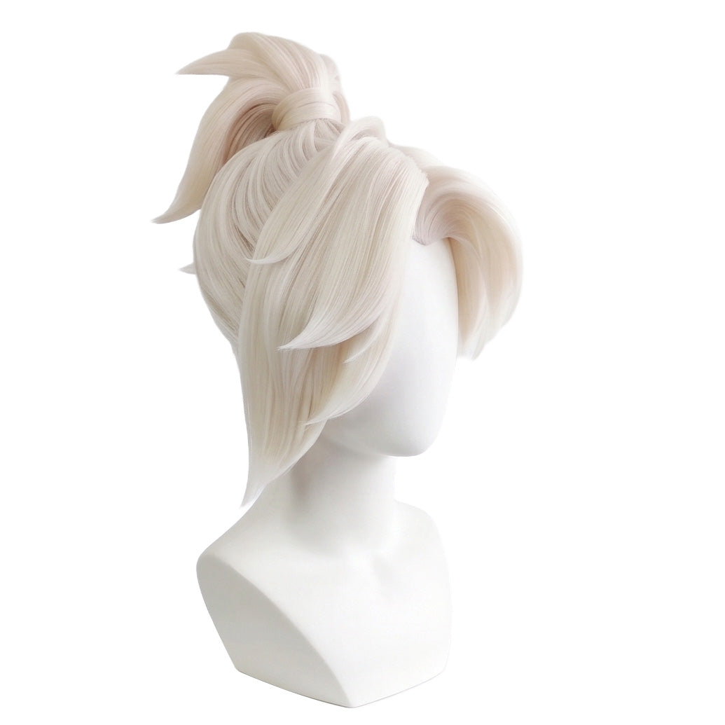3/4 view of Mercy cosplay wig displaying platinum blonde high ponytail, elegant face-framing layers, and handcrafted Overwatch character hairstyle design