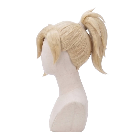 Side view of Overwatch Mercy blonde basic cosplay wig