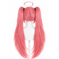 Back view of Milim cosplay wig showing length and natural fiber texture, Pink wig with twin tails on a mannequin head against a white background