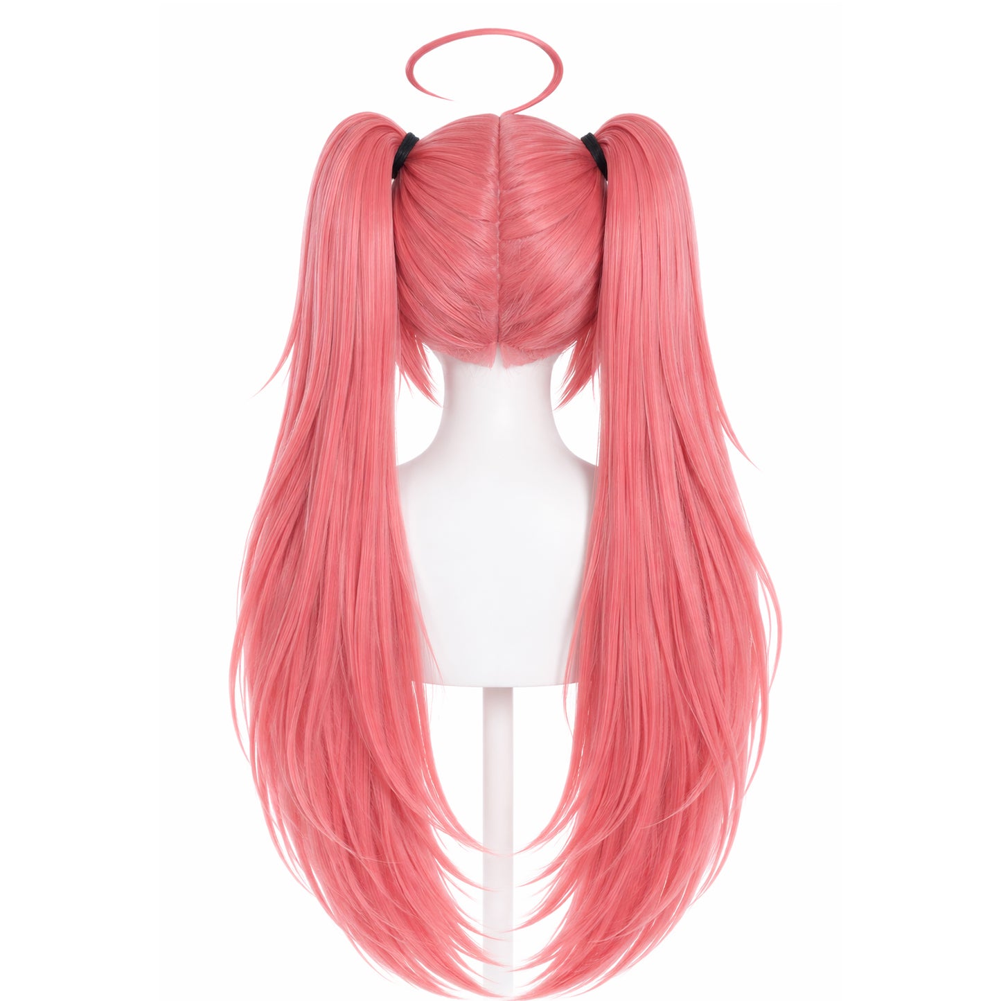 Back view of Milim cosplay wig showing length and natural fiber texture, Pink wig with twin tails on a mannequin head against a white background