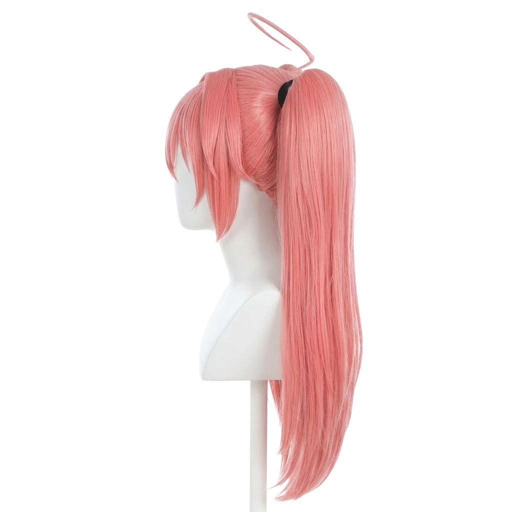 Milim Pink wig with a ponytail on a mannequin head against a white background