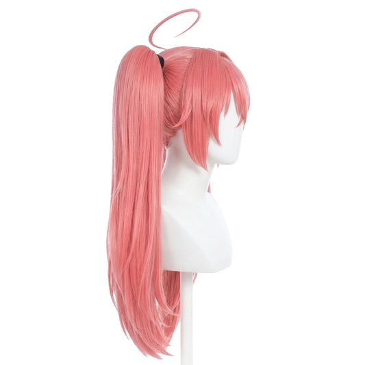 Side view of Milim Nava wig highlighting flowing layers and volume, Pink wig with a ponytail on a white mannequin head against a white background