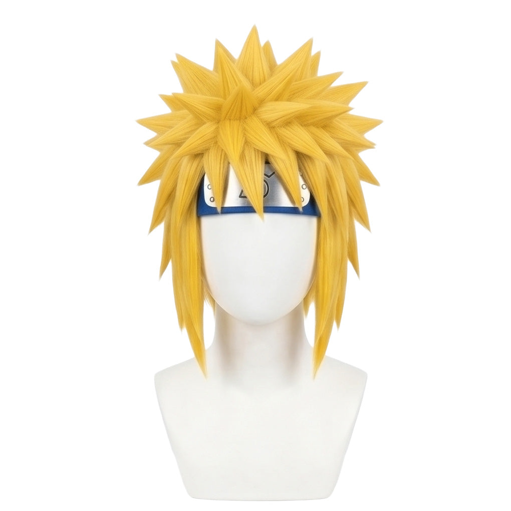 Front view of Minato Namikaze cosplay wig with spiky blond hair
