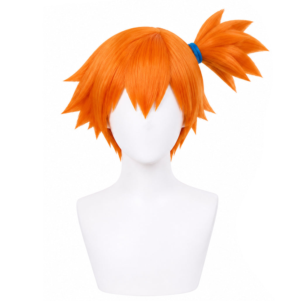 Front view of Misty cosplay wig with bright orange side ponytail and layered styling