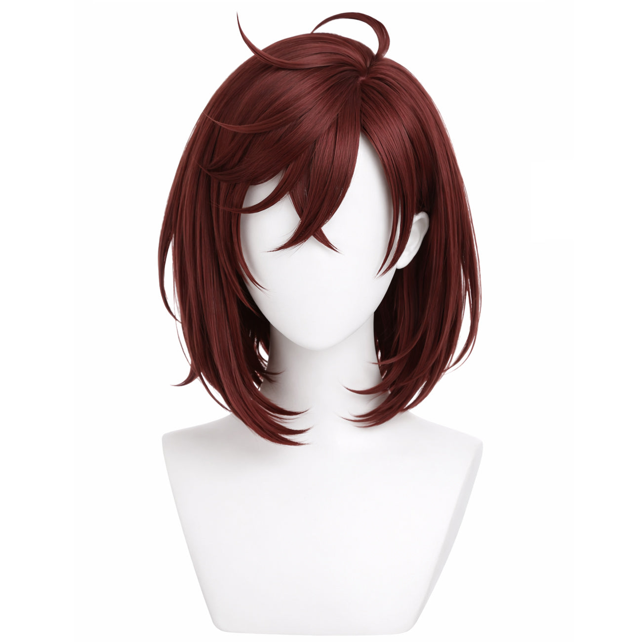 Styled example showing Momo Ayase brown wig on a white mannequin head against a white background