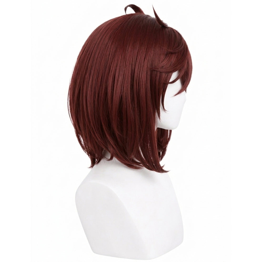 Momo Ayase brown cosplay wig in basic style on a white mannequin head against a white background