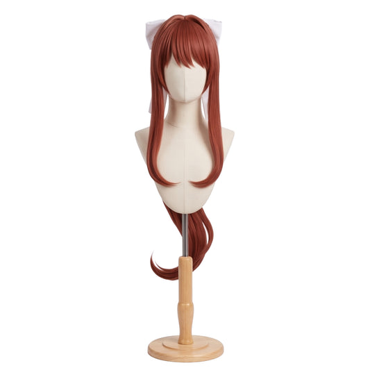 Monika cosplay wig from Doki Doki Literature Club with long coral brown hair, bangs, and face-framing strands