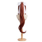 Back view of Monika cosplay wig showing long coral brown hair gathered into a ponytail with a large white bow