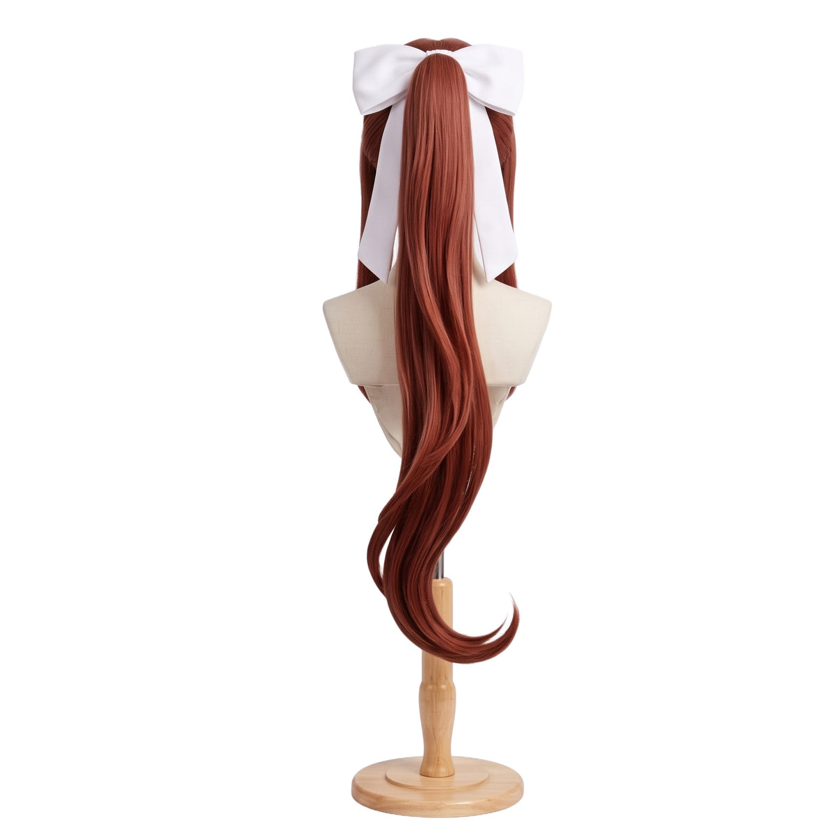 Back view of Monika cosplay wig showing long coral brown hair gathered into a ponytail with a large white bow