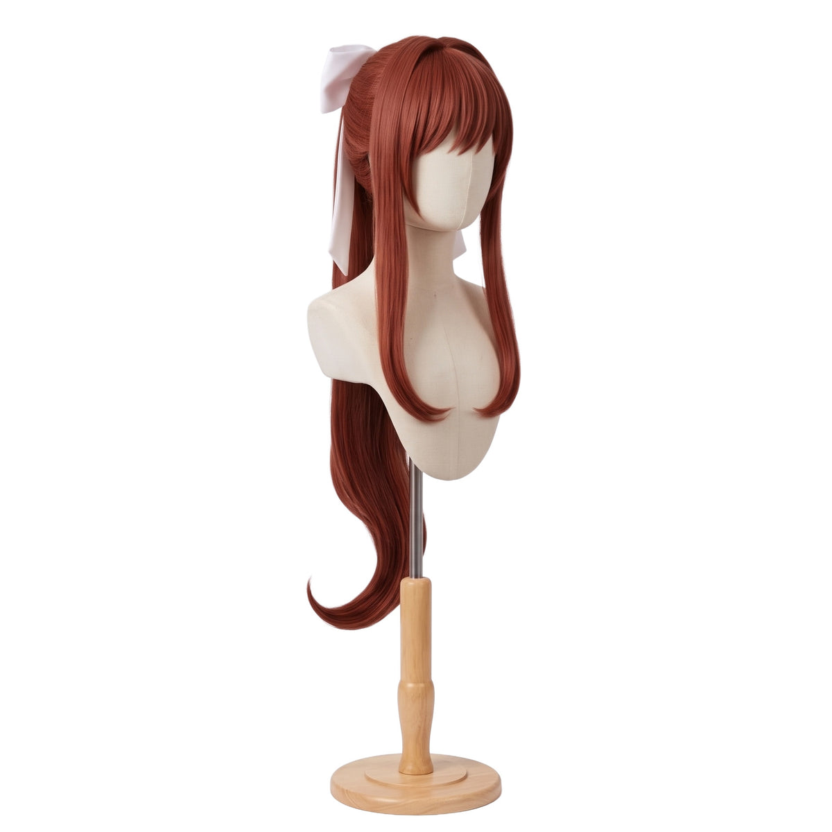 Three-quarter view of Monika cosplay wig showing long coral brown hair, bangs, ponytail, and face-framing strands