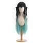 Muichiro Tokito cosplay wig from Demon Slayer featuring a handcrafted long black to turquoise ombre hairstyle with unruly bangs, face-framing layers, and Mist Hashira character styling