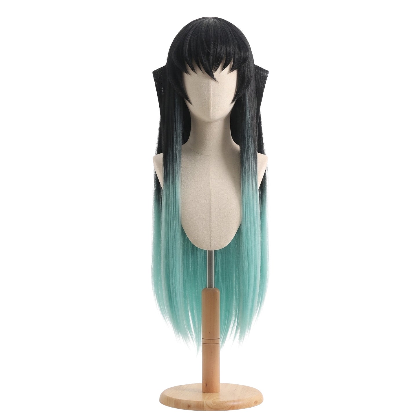 Muichiro Tokito cosplay wig from Demon Slayer featuring a handcrafted long black to turquoise ombre hairstyle with unruly bangs, face-framing layers, and Mist Hashira character styling