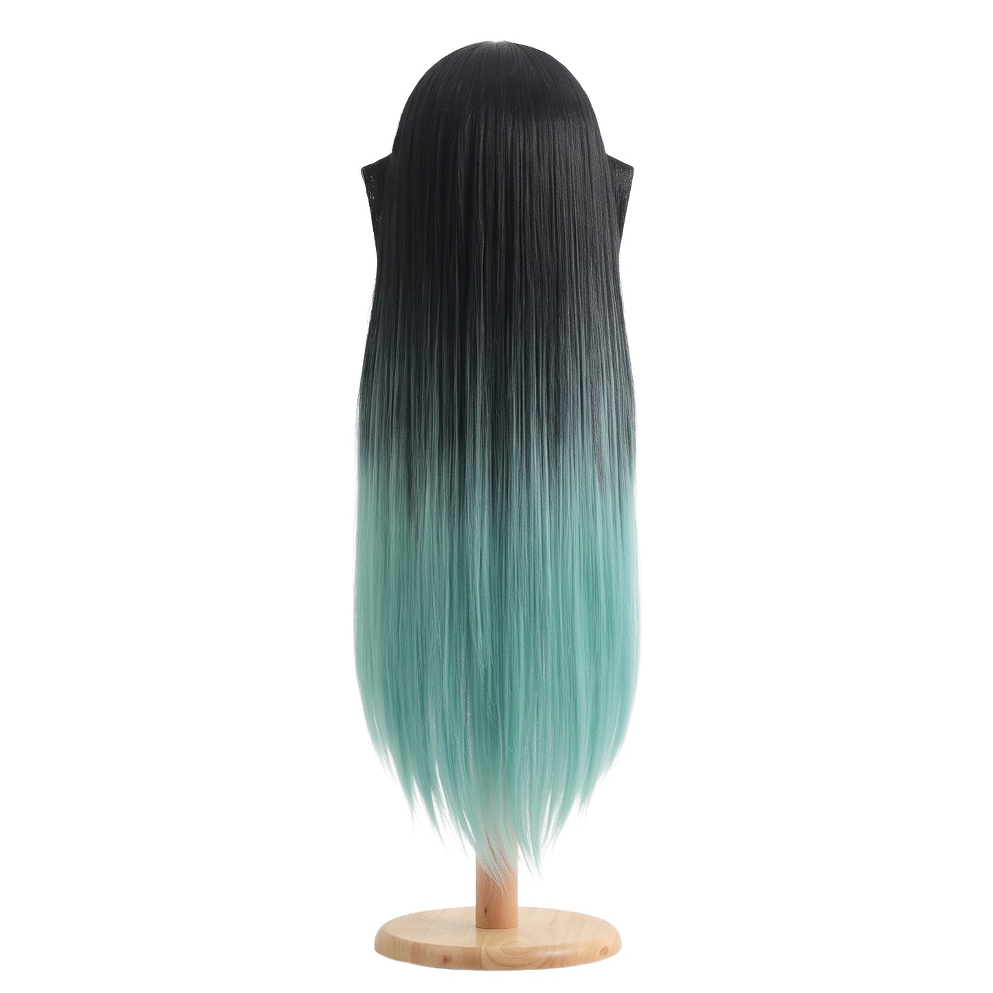 Back view of Muichiro Tokito cosplay wig featuring long straight turquoise gradient hair, layered synthetic fibers, and the flowing Demon Slayer character hairstyle shape