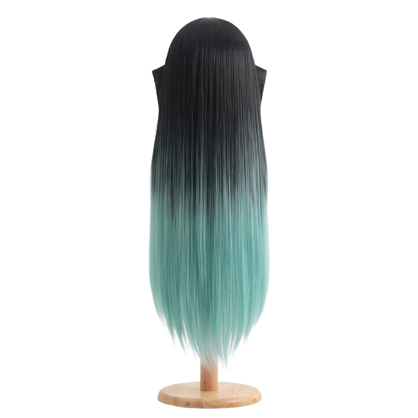 Back view of Muichiro Tokito cosplay wig featuring long straight turquoise gradient hair, layered synthetic fibers, and the flowing Demon Slayer character hairstyle shape