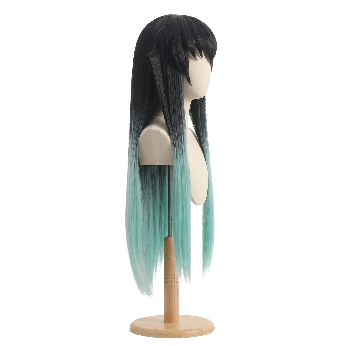 Right side view of Muichiro Tokito wig featuring smooth black to turquoise ombre layers, loose side hair sections, and the signature Mist Hashira hairstyle silhouette