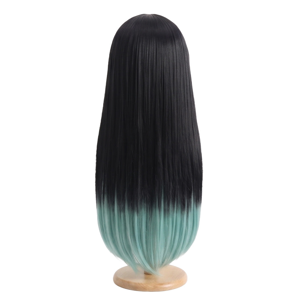 Back view of waist-length Muichiro Tokito cosplay wig with black to turquoise fibers