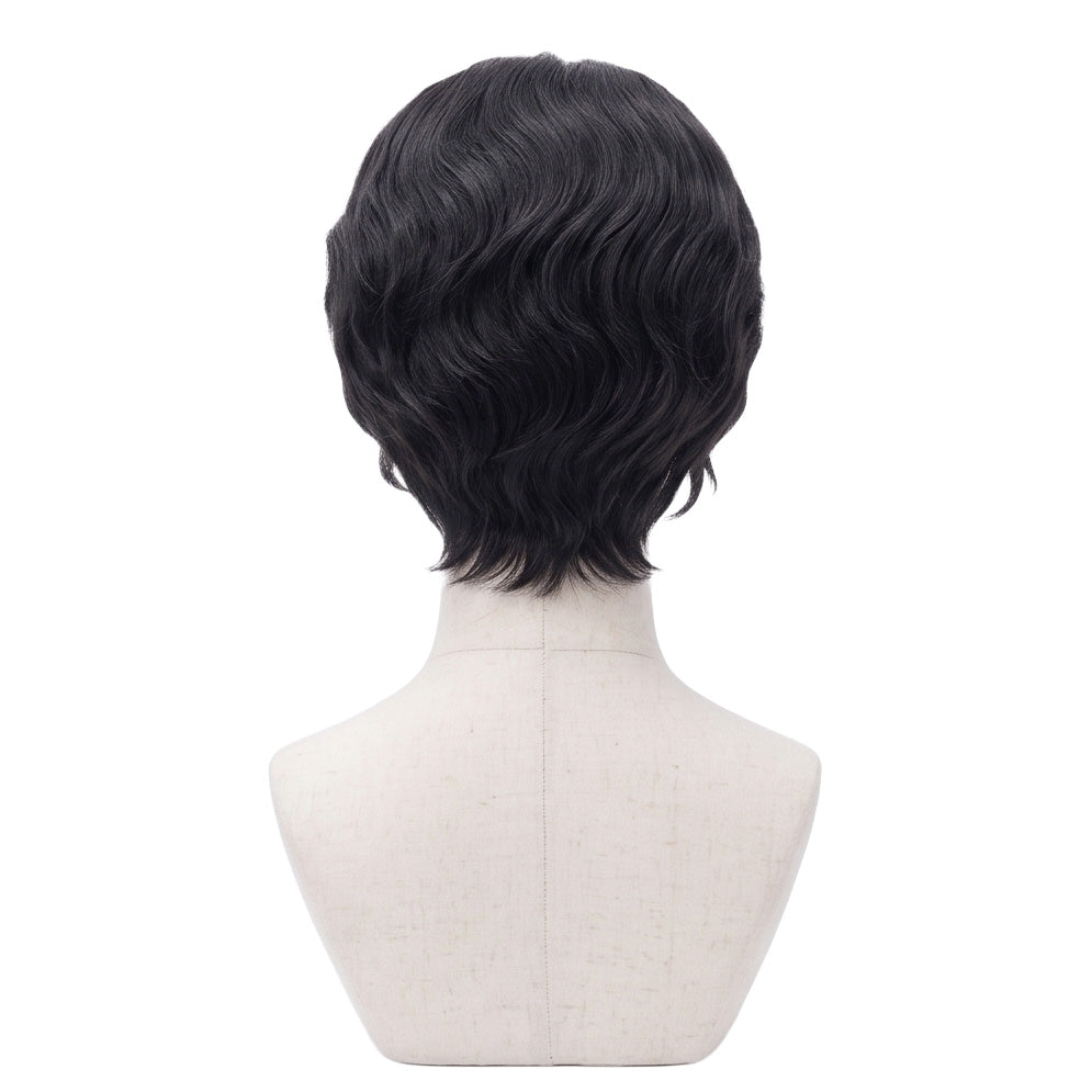 Back view of short black Muzan Kibutsuji cosplay wig with unstyled fibers