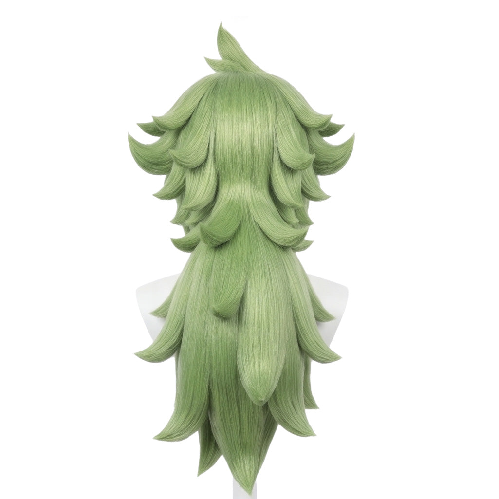 Back view of Pokémon N cosplay wig with long tea green ponytail