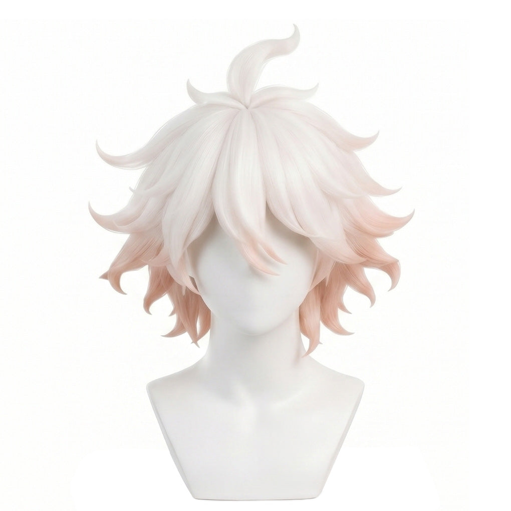 Front view of Nagito Komaeda cosplay wig with pale pinkish off-white wavy hair