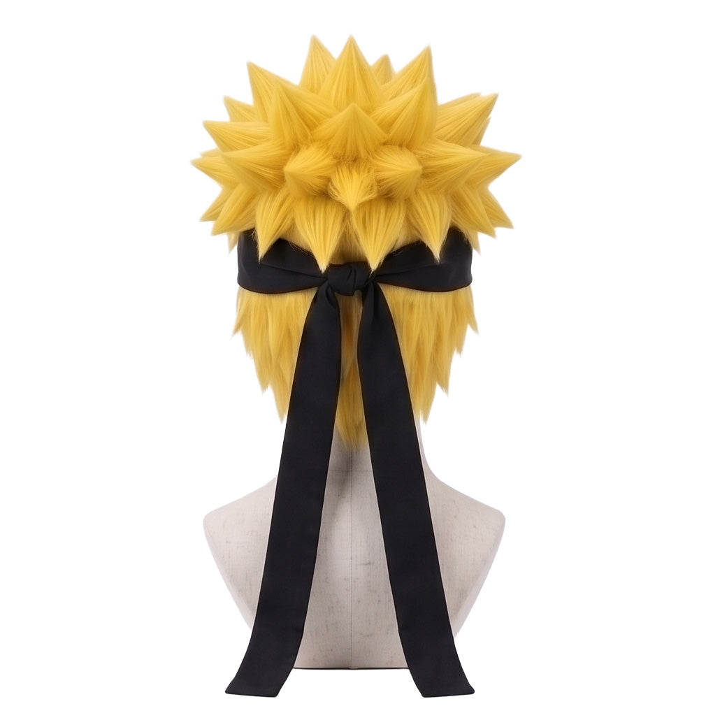 Back view of Naruto cosplay wig featuring layered blonde spikes, natural feathered texture, and a professionally styled anime hairstyle finish