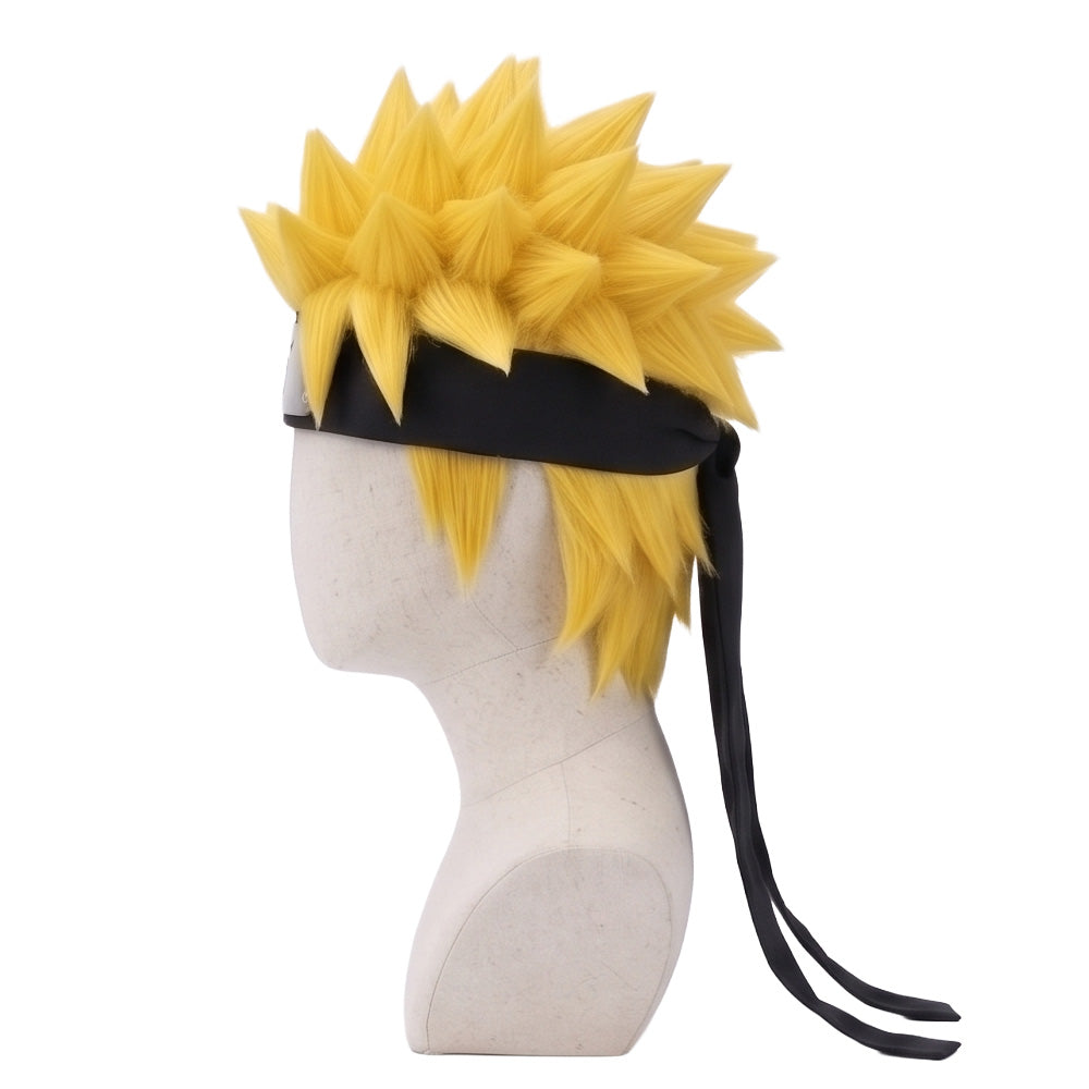 Side view of Naruto cosplay wig showing bright blonde spiked hair layers, anime-inspired texture, and professionally styled character hairstyle