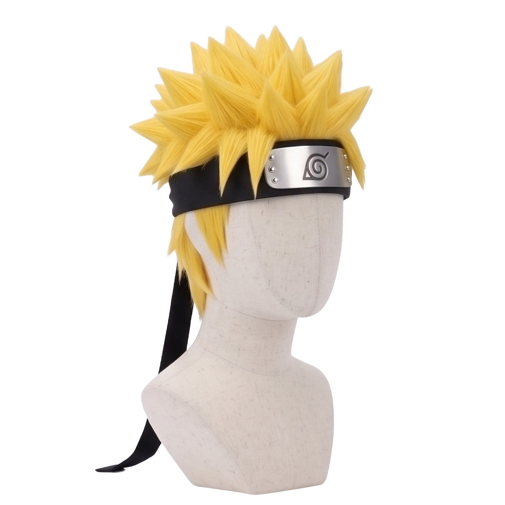 3/4 view of Naruto Uzumaki wig displaying dynamic blonde spikes, layered anime hair shape, and handcrafted cosplay wig styling