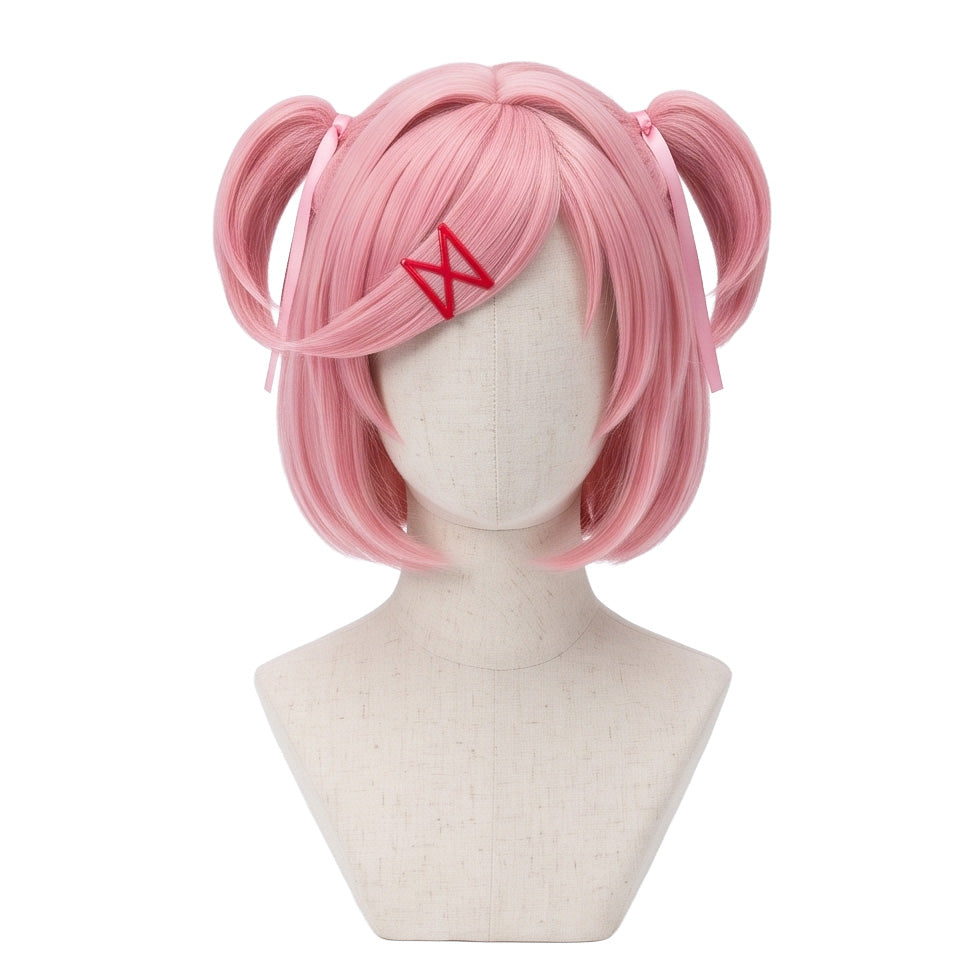 Natsuki cosplay wig from Doki Doki Literature Club with pastel pink hair, small twin-tails, bangs, and bow-shaped hair clip