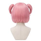 Back view of Natsuki cosplay wig showing short pastel pink hair and two small twin-tails tied with red ribbons